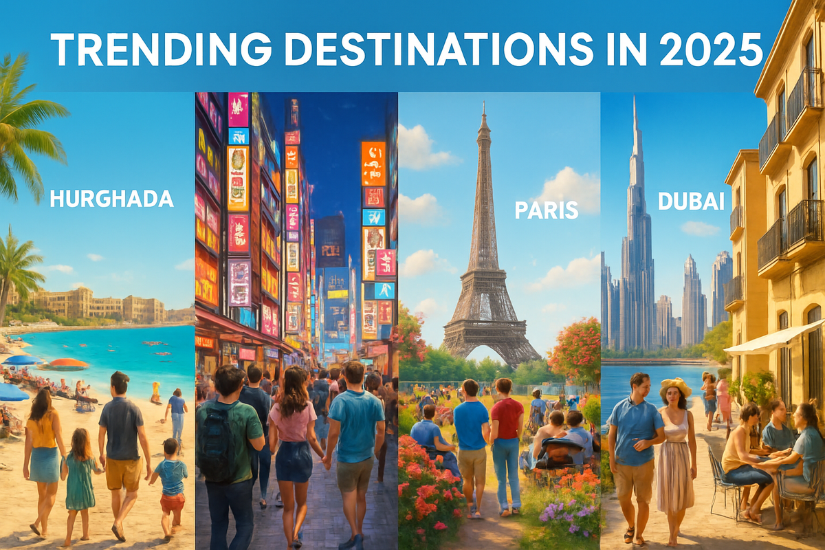 The image showcases trending travel destinations for 2025, featuring Hurghada, Paris, and Dubai.