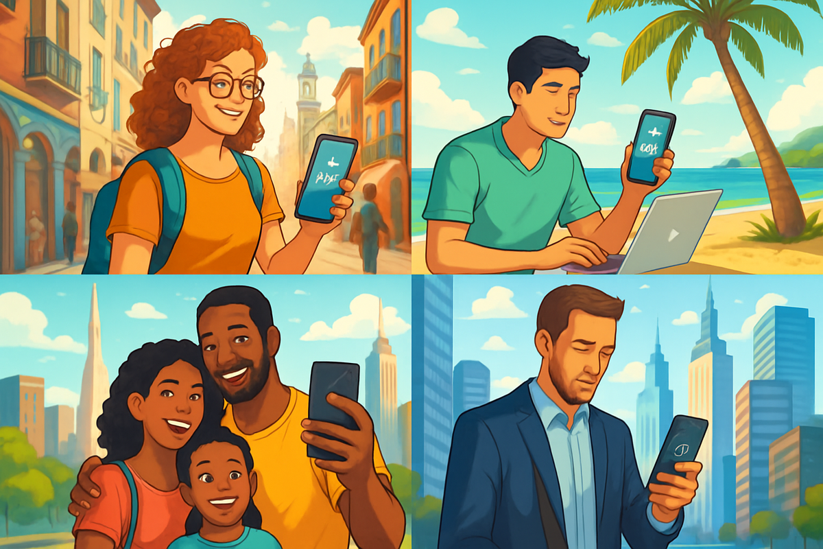 The image features four scenes of diverse individuals engaging with their smartphones in various locations, including a city street, a beach, a park with a family, and a professional setting.
