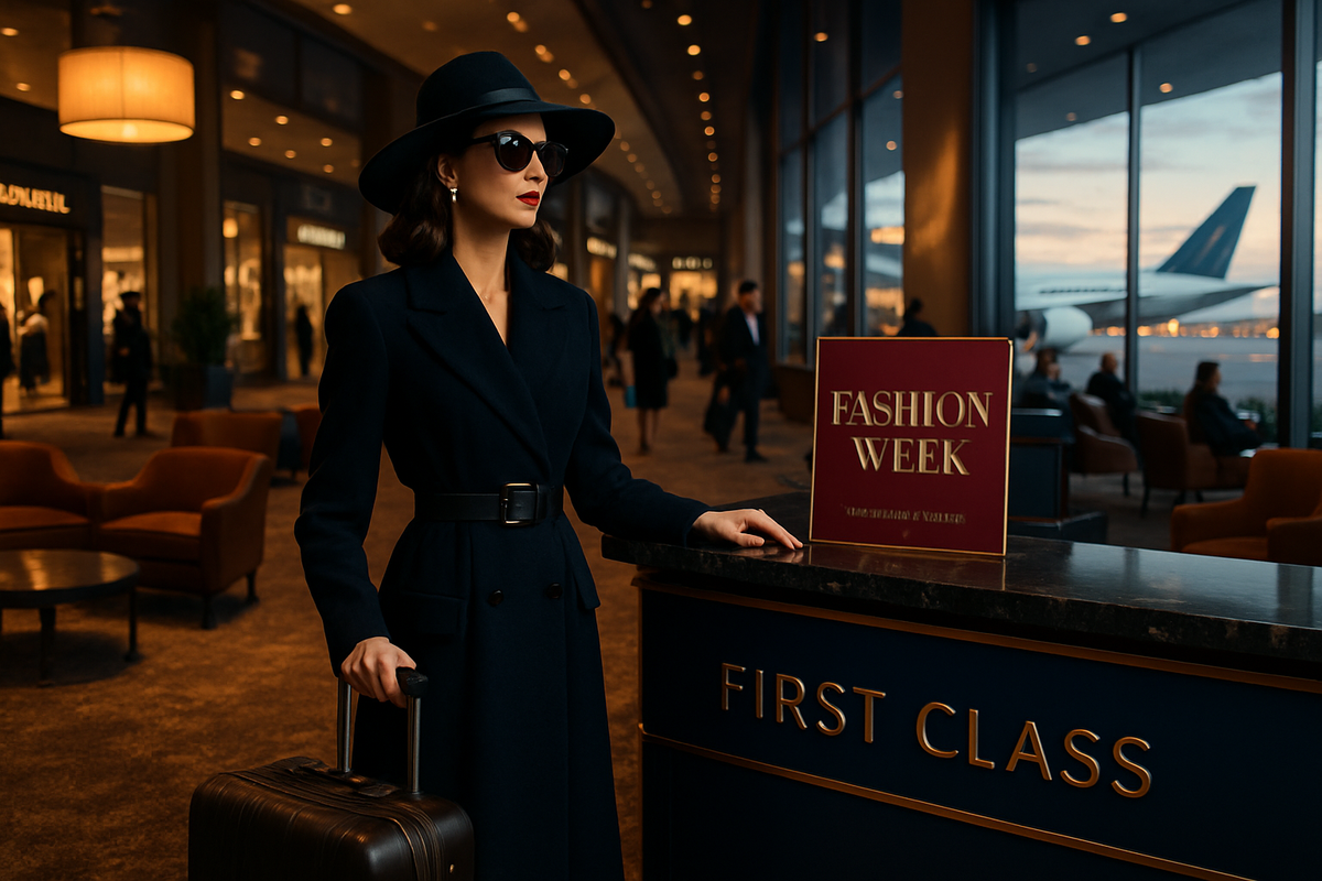 A stylish woman in sunglasses and a dark coat stands at a counter labeled "FIRST CLASS" with a "FASHION WEEK" sign, set in a busy airport environment.
