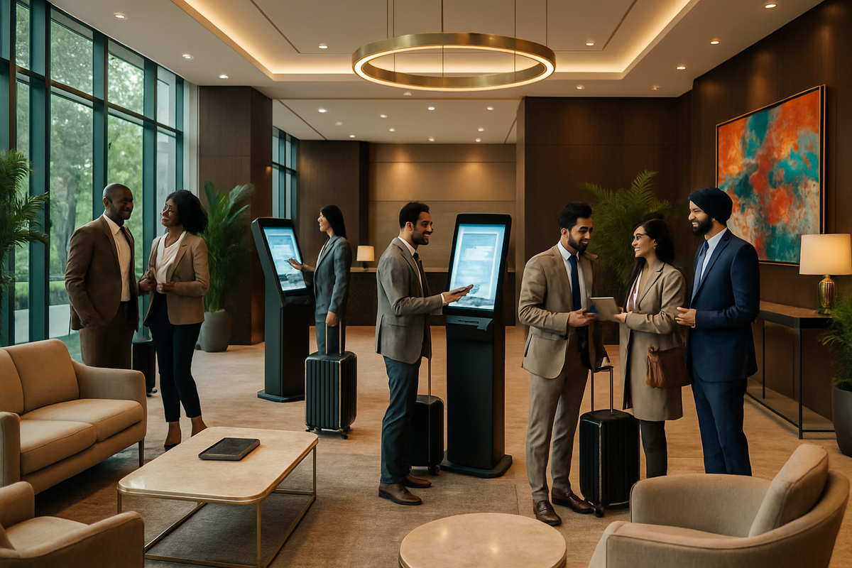 The image depicts a modern lobby with business professionals engaged in conversation around self-service kiosks and comfortable seating.