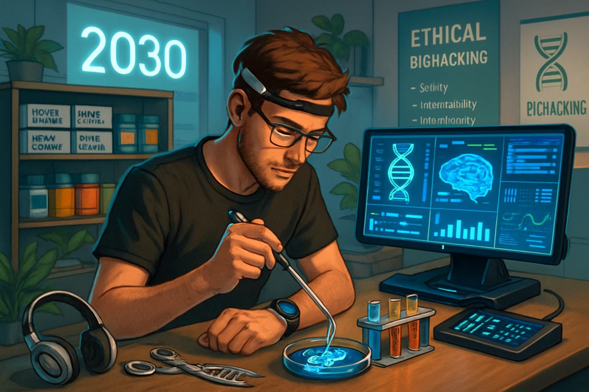 The image depicts a focused individual working in a futuristic lab setting, examining a specimen in a petri dish with advanced technology and screens displaying scientific data.