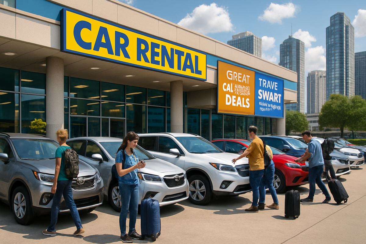 The image shows a car rental facility with several cars parked outside and people walking with luggage.