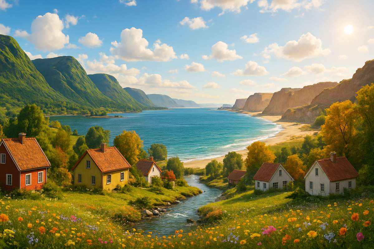 The image depicts a serene coastal landscape featuring colorful houses, a flowing stream, lush greenery, and dramatic mountains under a bright blue sky.