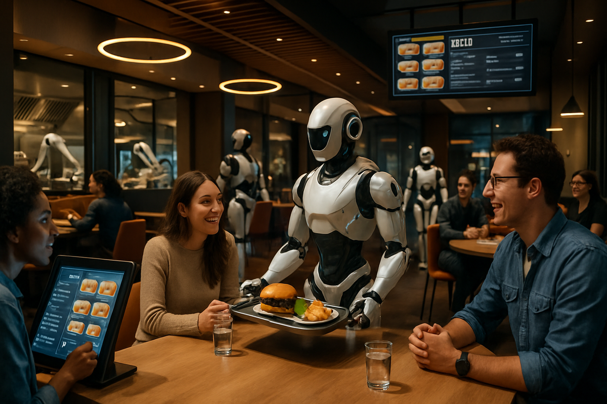 The image shows a futuristic restaurant where a humanoid robot serves food to smiling customers at their table.