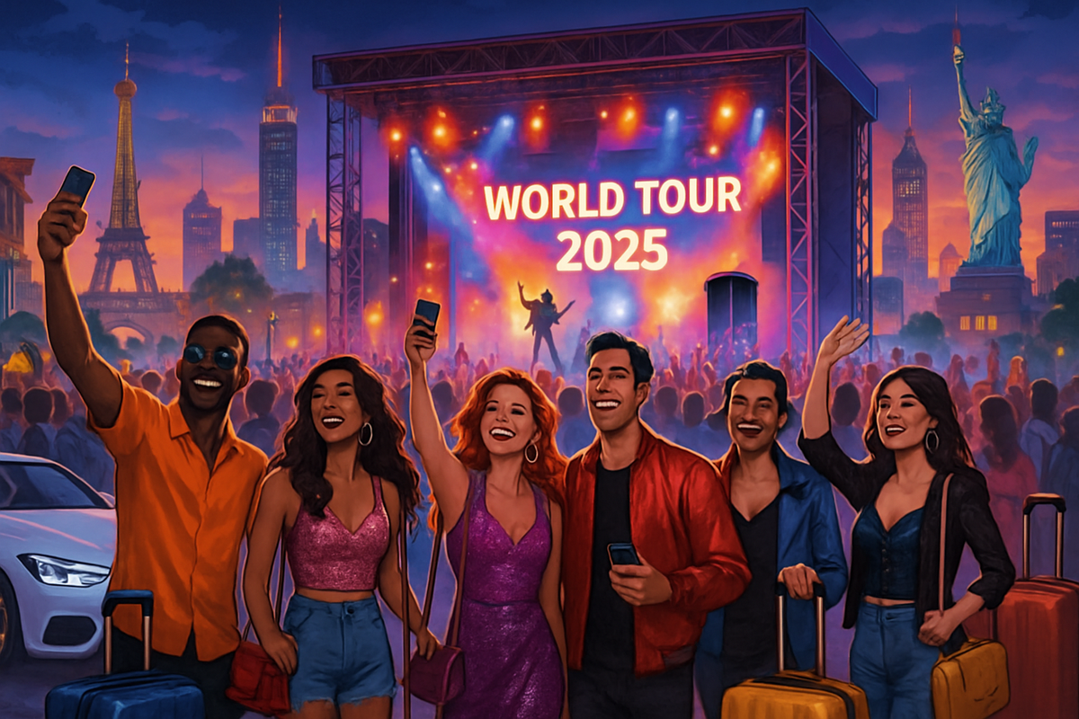A vibrant concert scene featuring diverse friends celebrating with luggage, facing a stage that displays "WORLD TOUR 2025" against a colorful sunset backdrop.