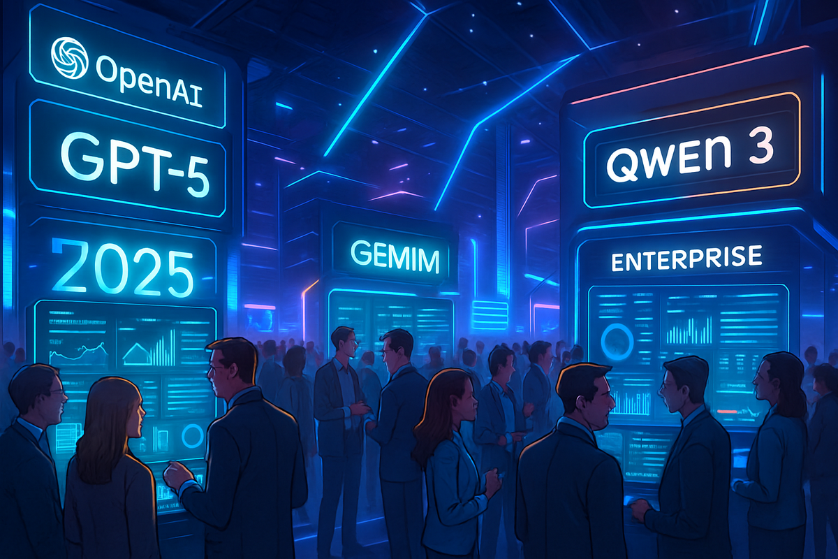 The image depicts a futuristic tech conference with illuminated displays for OpenAI's GPT-5, Qwen 3, and other technologies, where professionals are engaged in conversation.