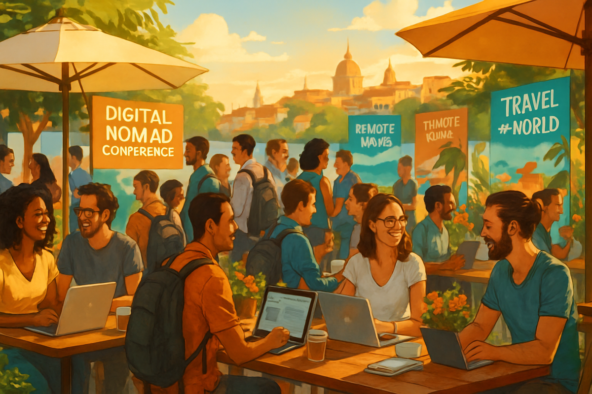 The image depicts a vibrant outdoor scene of a digital nomad conference with attendees engaging, working on laptops, and enjoying a sunny setting with various banners related to remote work.