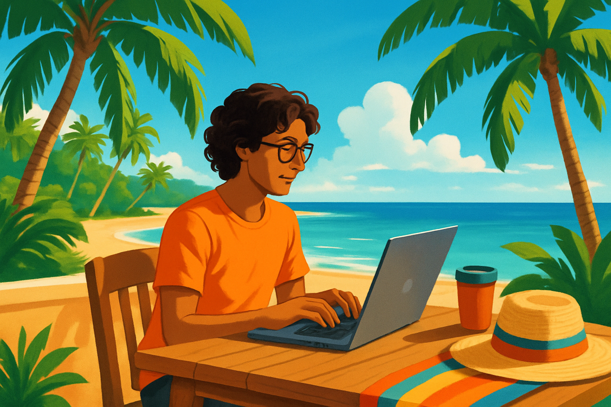 A person is working on a laptop at a beachside table, surrounded by palm trees and a serene ocean view.