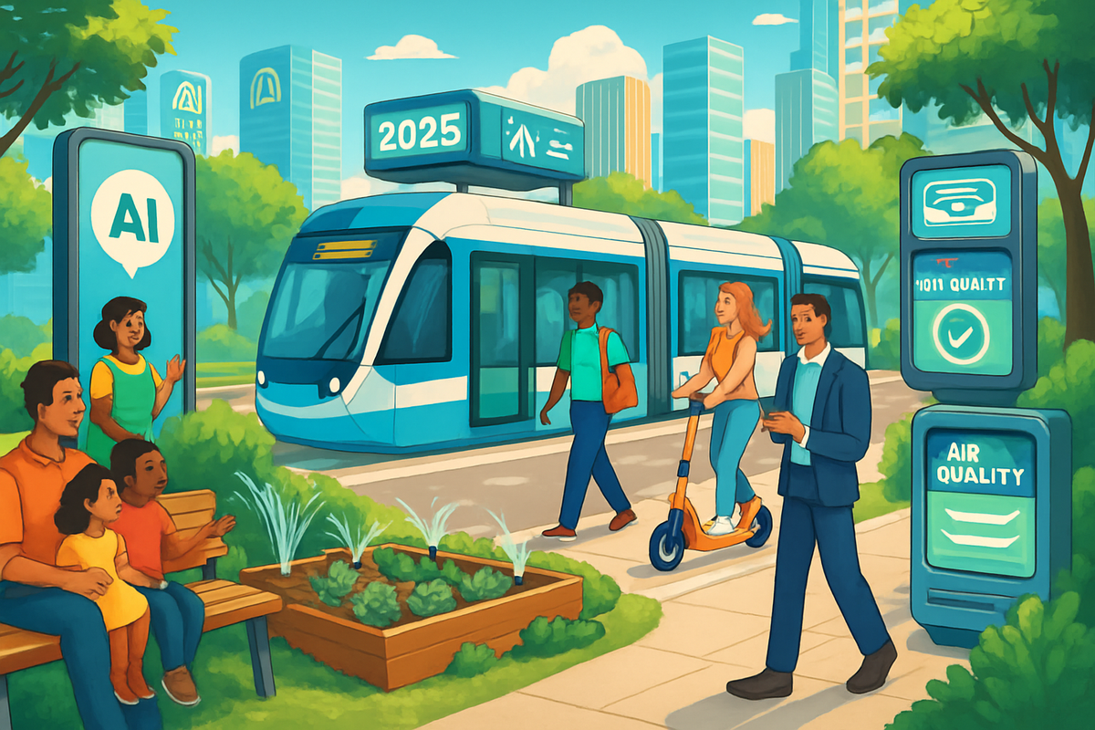The image depicts a vibrant urban scene with a modern tram, diverse pedestrians, greenery, and digital information signs showcasing air quality and AI themes.