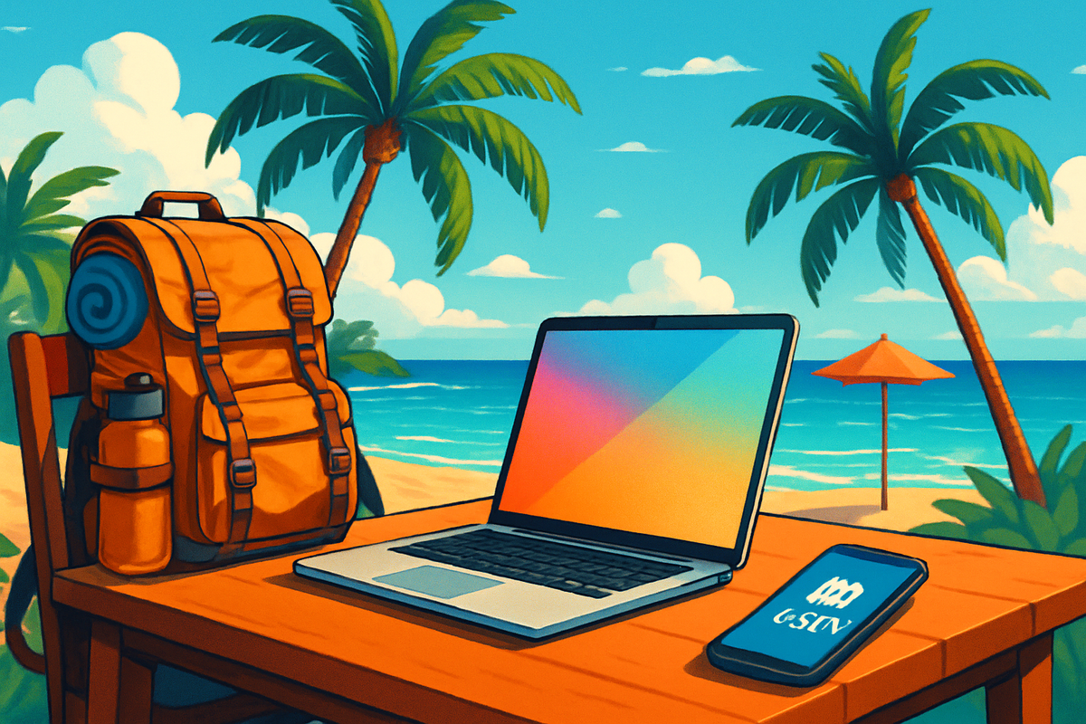A vibrant beach scene features a wooden table with a laptop, a smartphone, and an orange backpack, surrounded by palm trees and ocean views.
