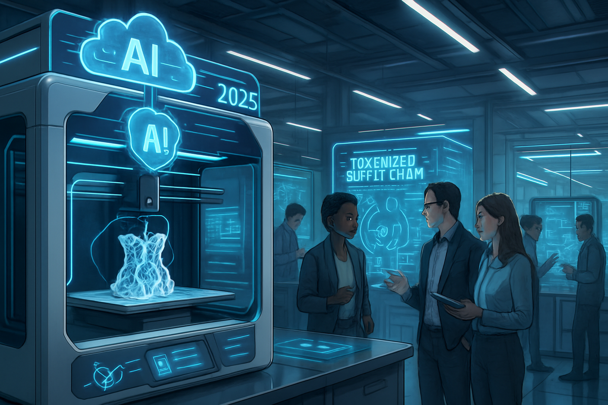 The image depicts a futuristic lab scene featuring a glowing 3D printer and a discussion among three professionals in a technology-focused environment.