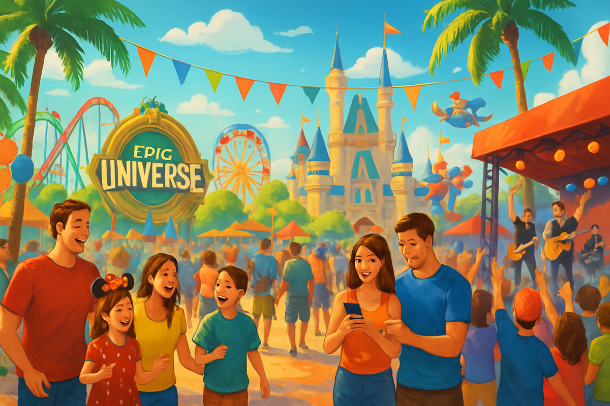 The image depicts a vibrant amusement park scene with families enjoying attractions under sunny skies, featuring a large sign for "Epic Universe" and various entertainment options.