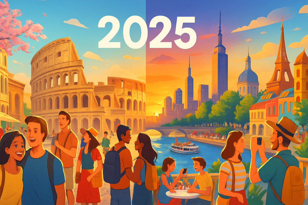 The image depicts a vibrant split scene contrasting ancient Roman architecture with modern urban landscapes, highlighting a theme of travel and connection in the year 2025.