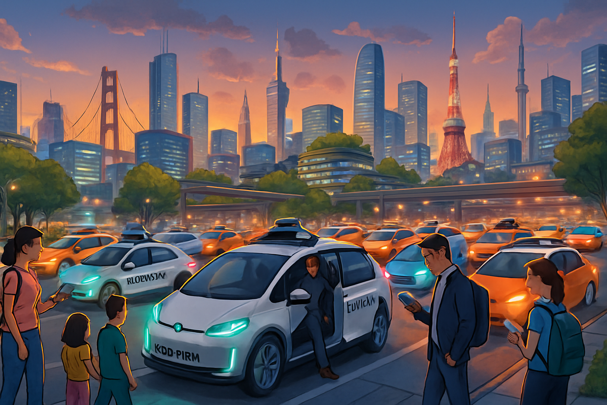 The image depicts a bustling urban scene featuring self-driving cars amidst a city skyline at sunset, with pedestrians interacting around them.
