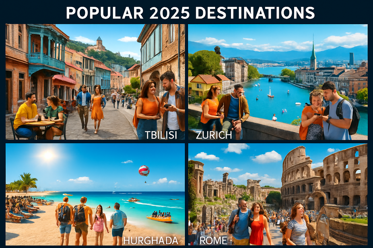 The image displays popular travel destinations for 2025 including Tbilisi, Zurich, Hurghada, and Rome, featuring vibrant scenes of streets and landscapes.