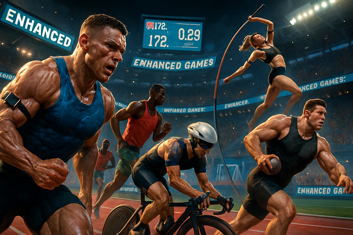 The image depicts a dynamic scene of athletic competitors engaged in various sporting events within a stadium, showcasing a theme of enhanced performance and competitiveness.