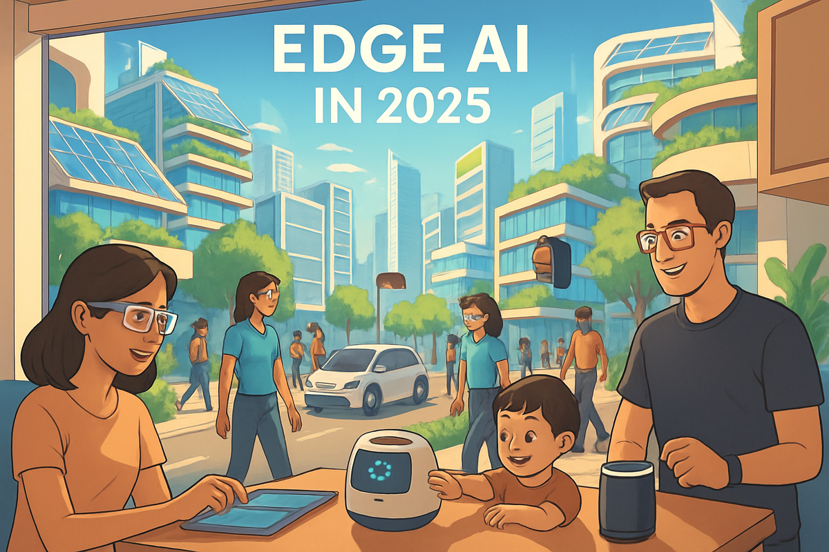 The image depicts a futuristic scene in 2025 showing a family interacting with an AI device at home while a lively cityscape is visible outside.