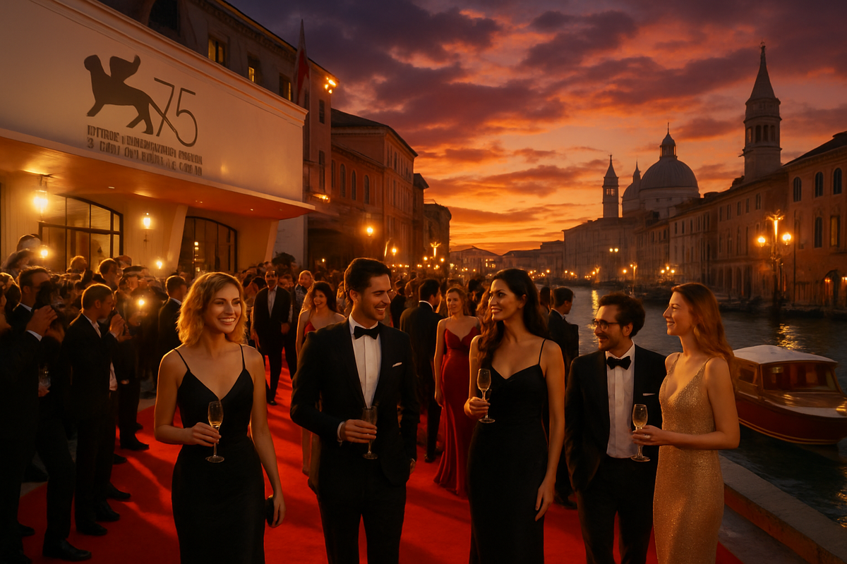 The image depicts a glamorous outdoor event with elegantly dressed attendees, a red carpet, and a picturesque sunset over a canal in Venice.