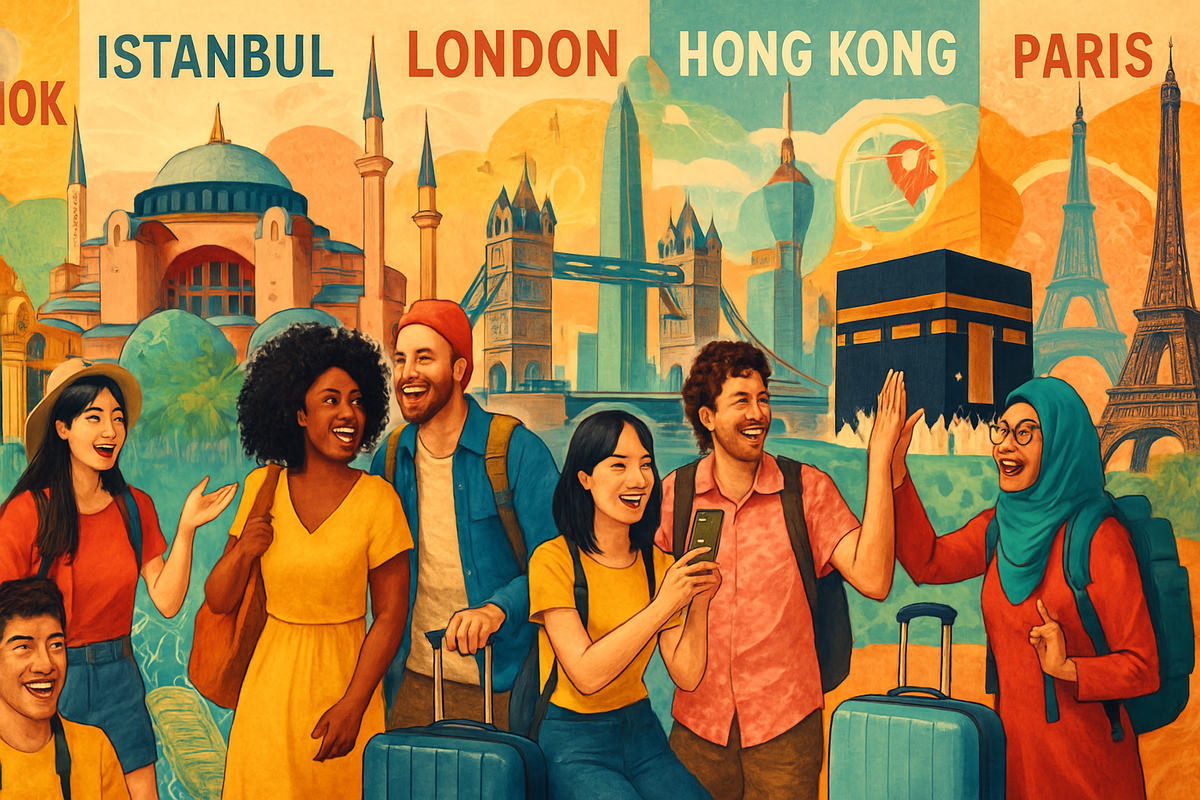The image features a vibrant illustration of diverse travelers joyfully engaging in a conversation amidst iconic landmarks from cities like Istanbul, London, Hong Kong, and Paris.