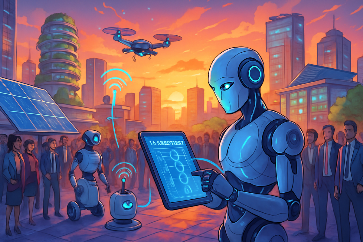 A futuristic scene depicting humanoid robots interacting with technology and people against a vibrant sunset cityscape.