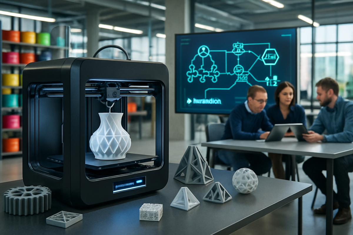 The image shows a 3D printer producing a white vase in a modern workspace where three people are collaborating around a table with a large screen displaying technical diagrams.
