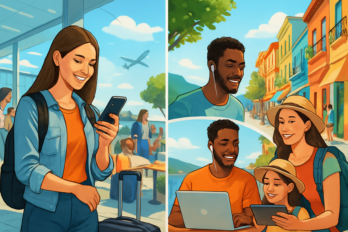 The image showcases three scenes: a woman smiling at her phone in an airport, a man with earbuds enjoying a scenic view, and a cheerful family sharing a moment with devices outdoors.