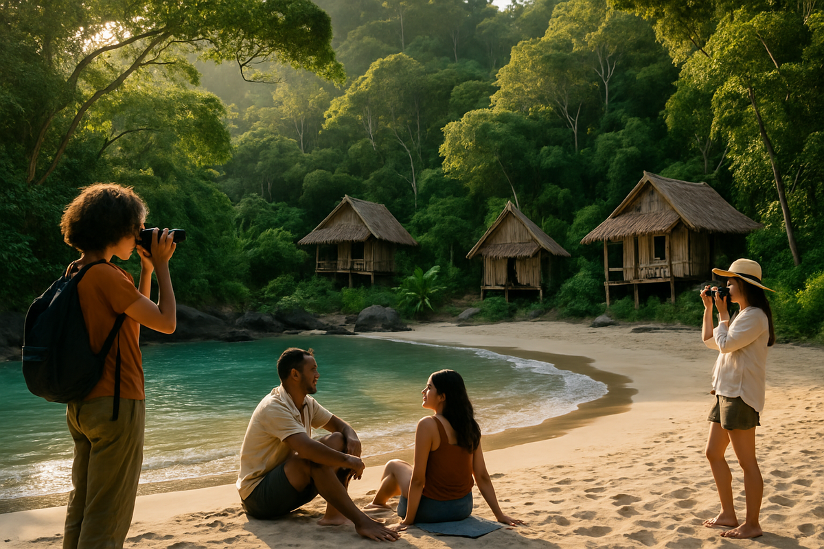 The image depicts a serene beach scene with two couples engaged in conversation while two individuals capture the moment with cameras amidst lush greenery and wooden huts in the background.