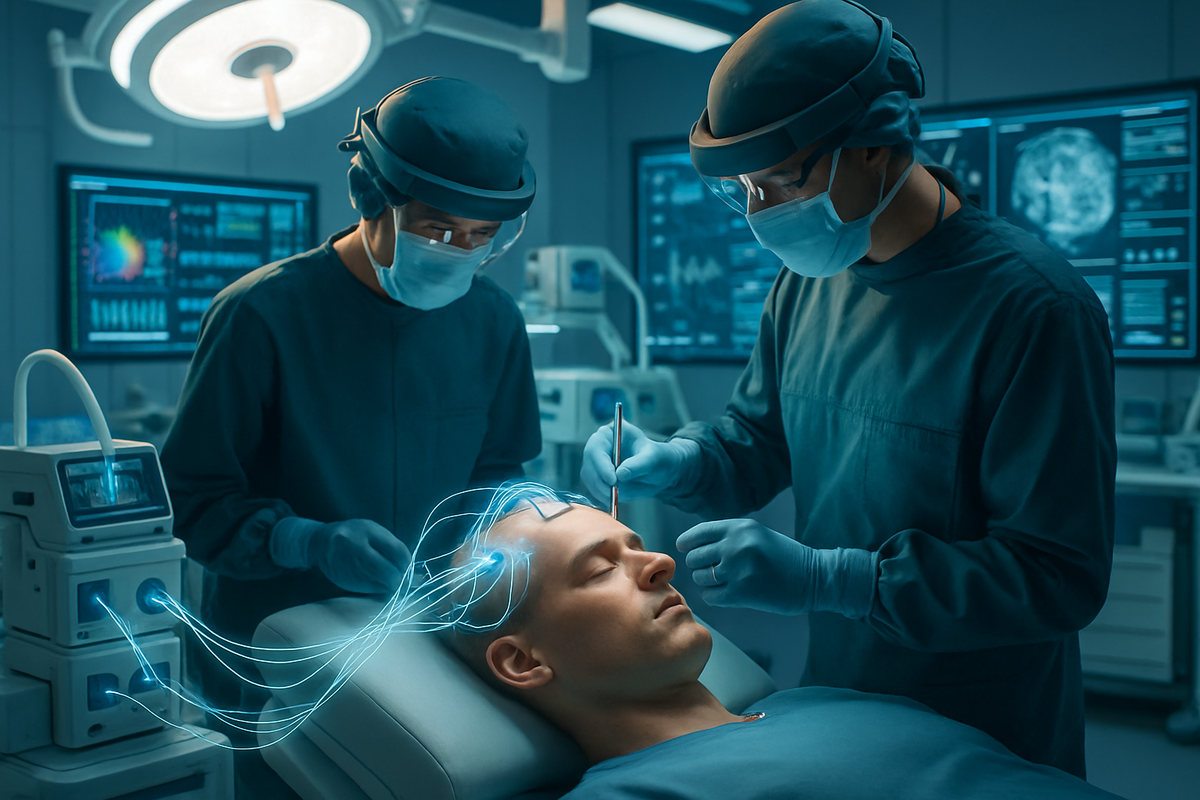 The image depicts two medical professionals performing a high-tech procedure on a patient in a modern operating room.