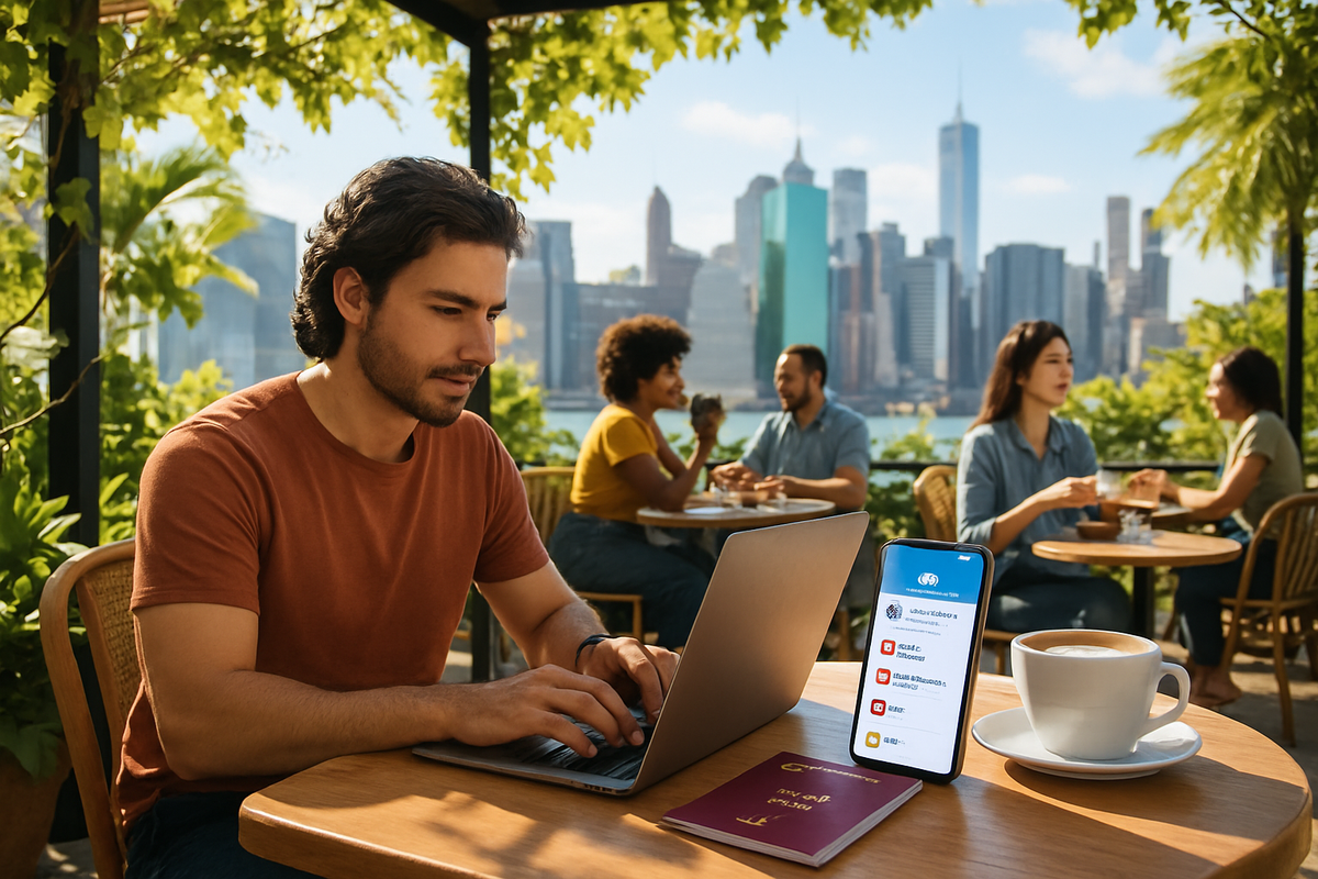 A man works on a laptop at an outdoor café with a city skyline in the background while others enjoy drinks and conversation nearby.