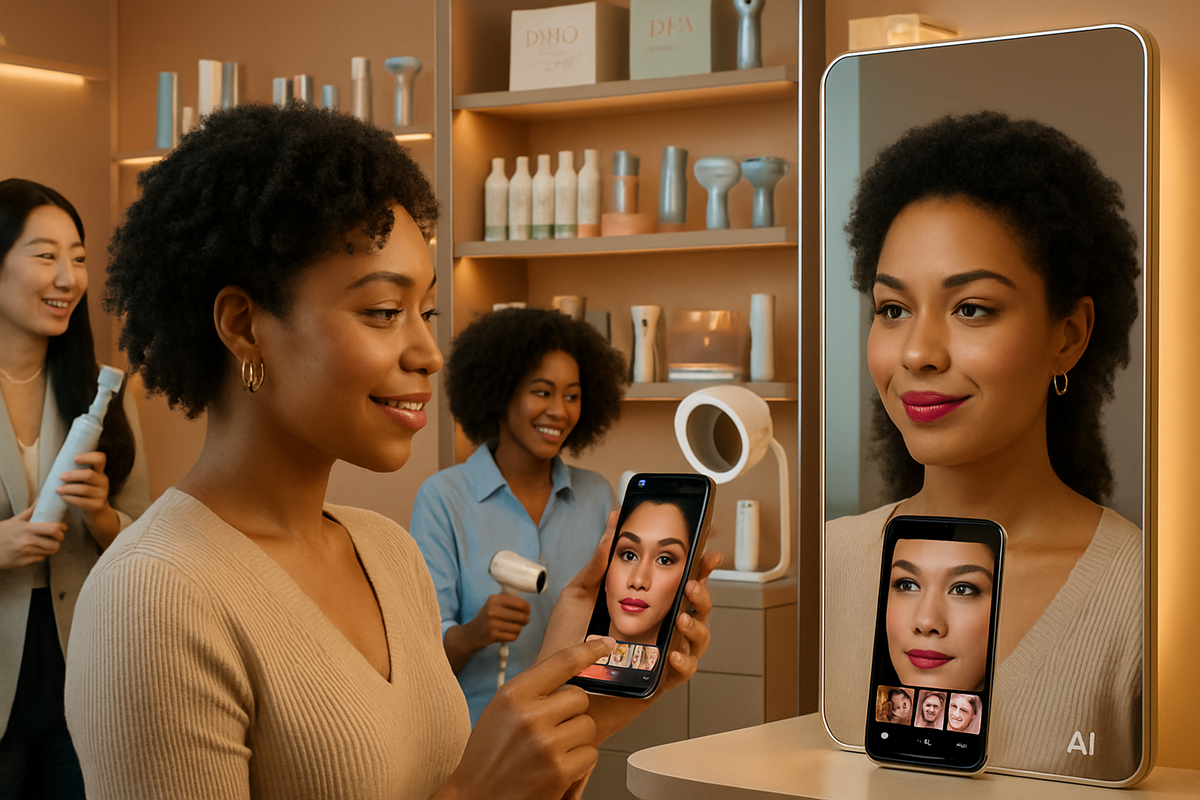 The image shows a woman using her phone to take a beauty selfie while two friends are in the background smiling, with beauty and grooming products displayed on shelves.