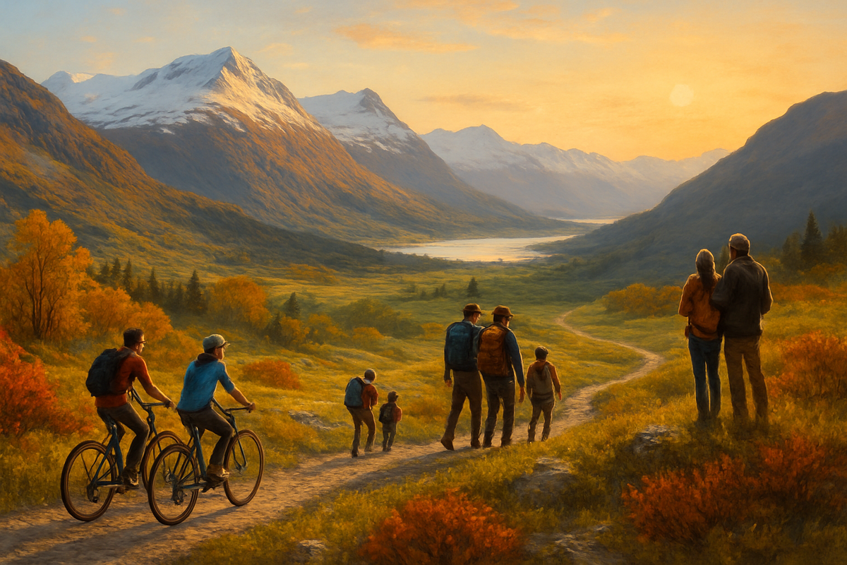 A scenic landscape depicts a mountain valley at sunset, with cyclists and hikers enjoying a path surrounded by vibrant autumn foliage.