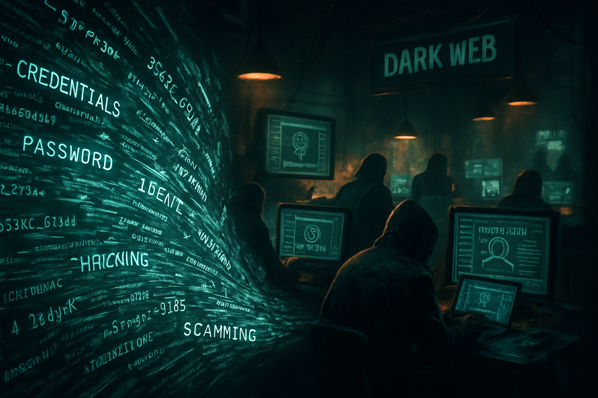 The image depicts a dark web environment with hooded figures at computers, featuring floating text related to cybercrime terms like "credentials," "password," and "scamming."