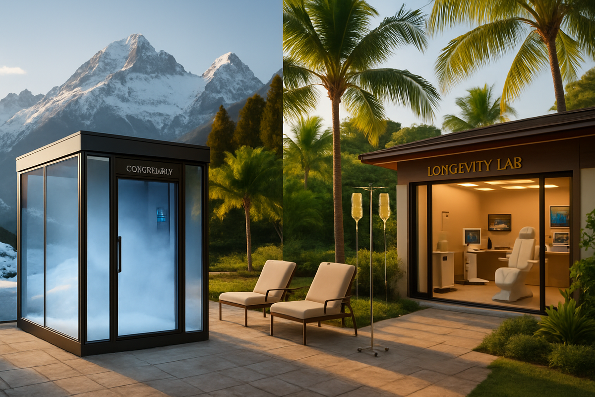 The image features a serene outdoor setting with a cryotherapy chamber, lush palm trees, and a sleek Longevity Lab structure surrounded by mountains.
