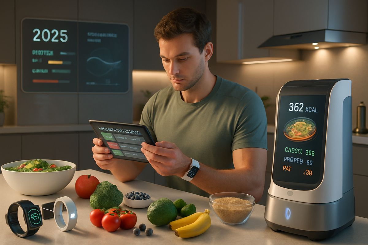 A man is using a tablet to track nutritional information while surrounded by fresh vegetables and a smart kitchen device displaying calorie data.