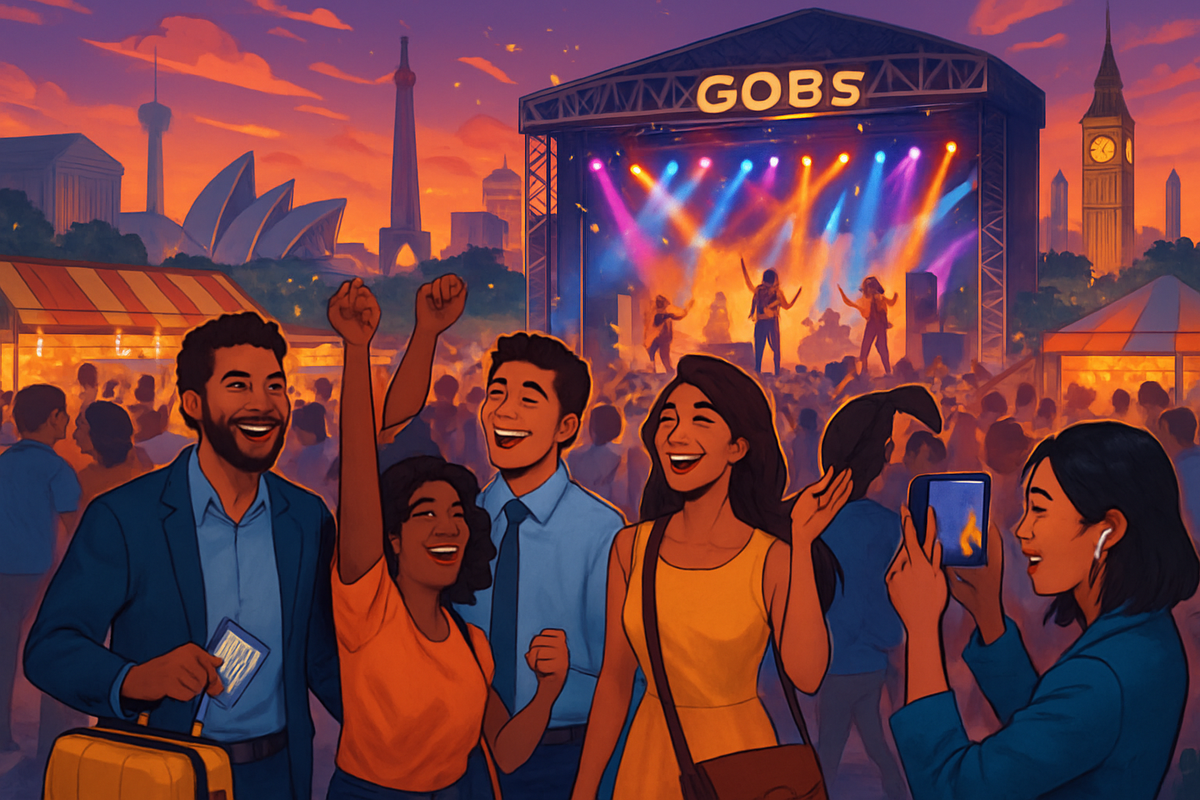 The image depicts a joyful group of friends enjoying a vibrant outdoor concert at sunset, with city landmarks in the background.