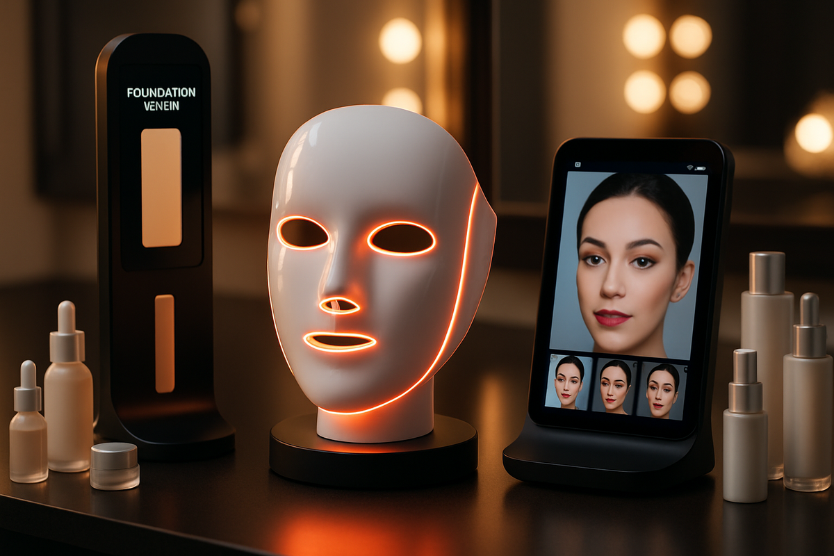 The image features a modern display setup with a luminous mannequin head, foundation display, and a screen showcasing beauty looks alongside various skincare products.