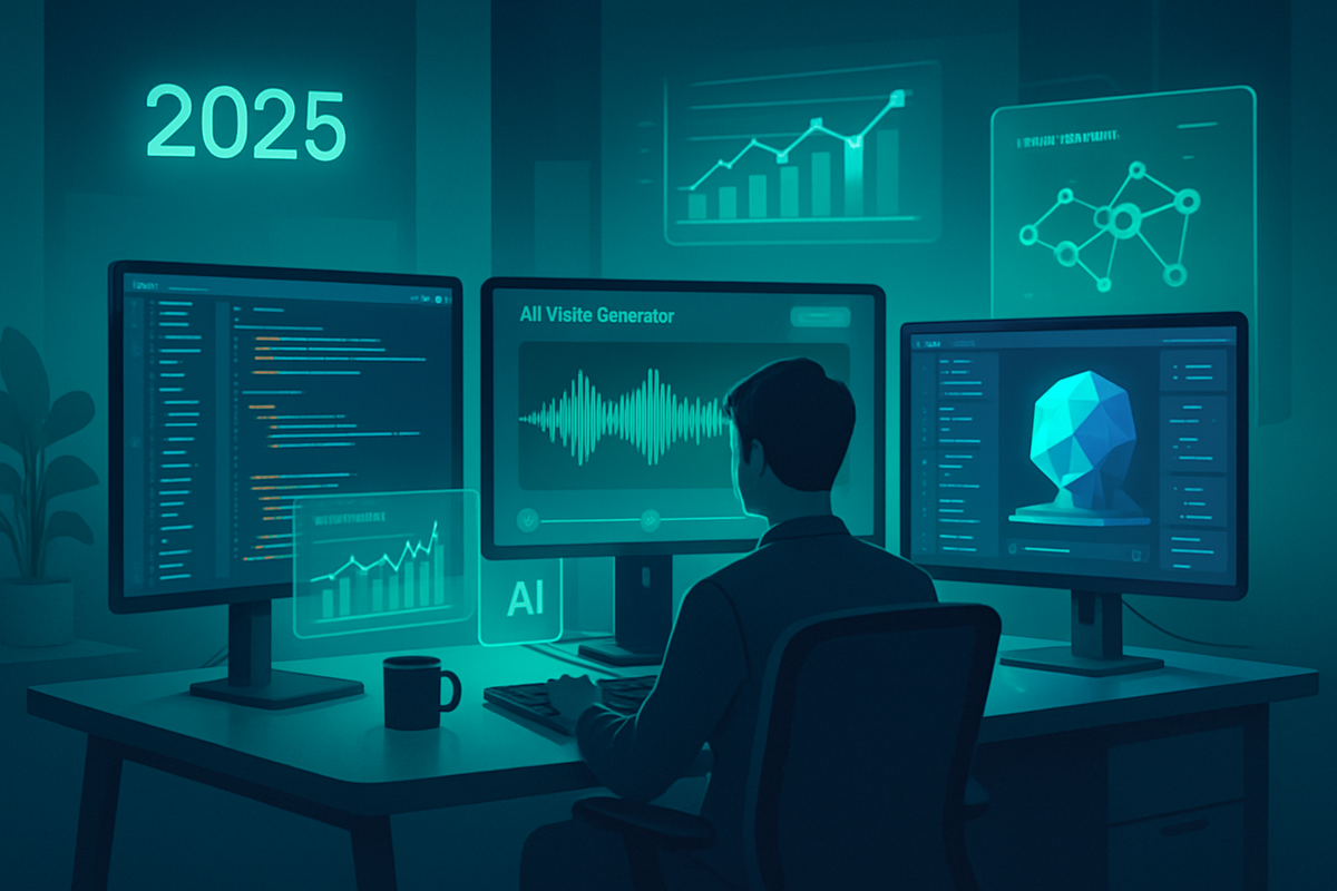 The image depicts a person working at a high-tech desk with multiple screens displaying data analytics, AI technology, and futuristic elements, all set in a dimly lit environment.