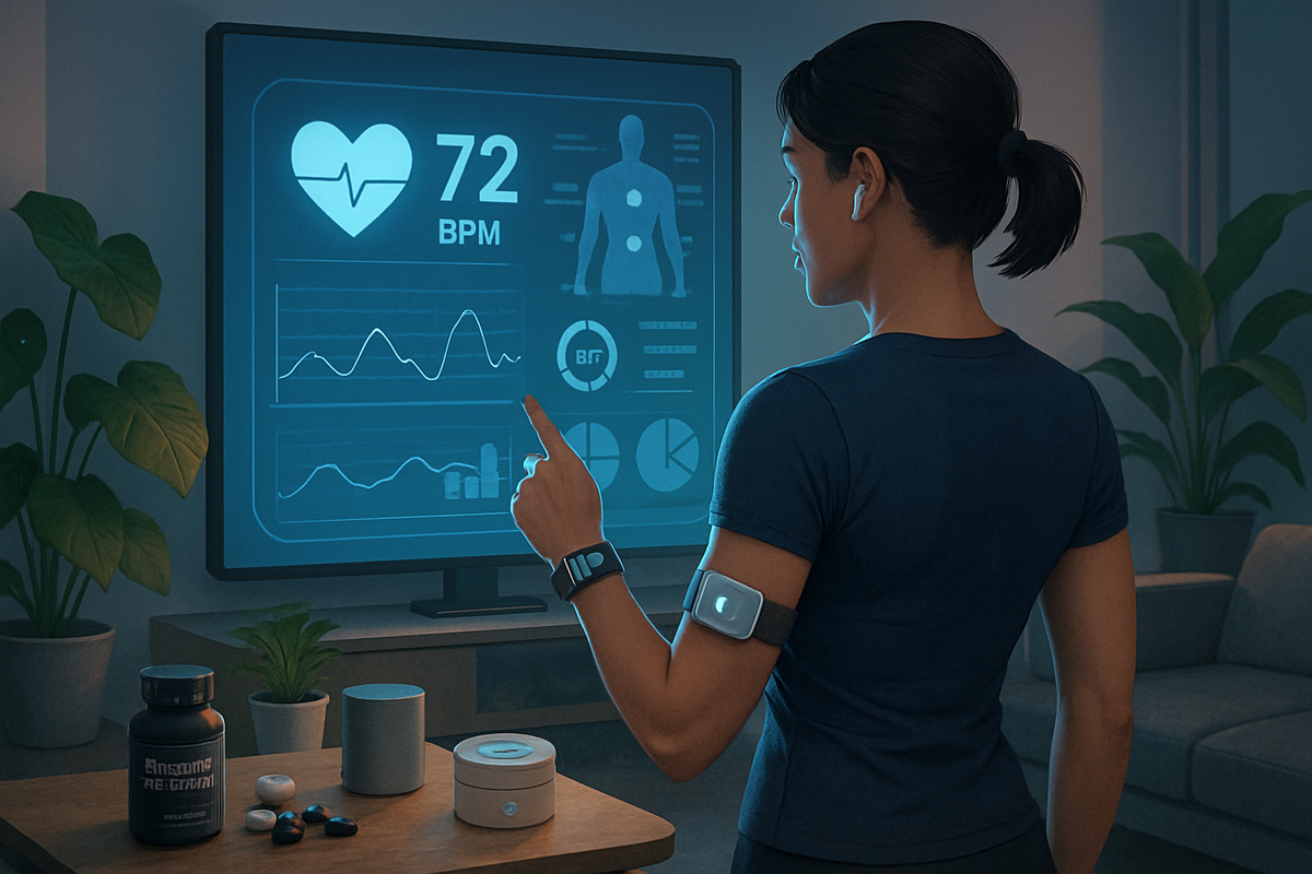 A person in activewear is monitoring their heart rate and health metrics on a large screen while using fitness devices and surrounded by plants and supplements.