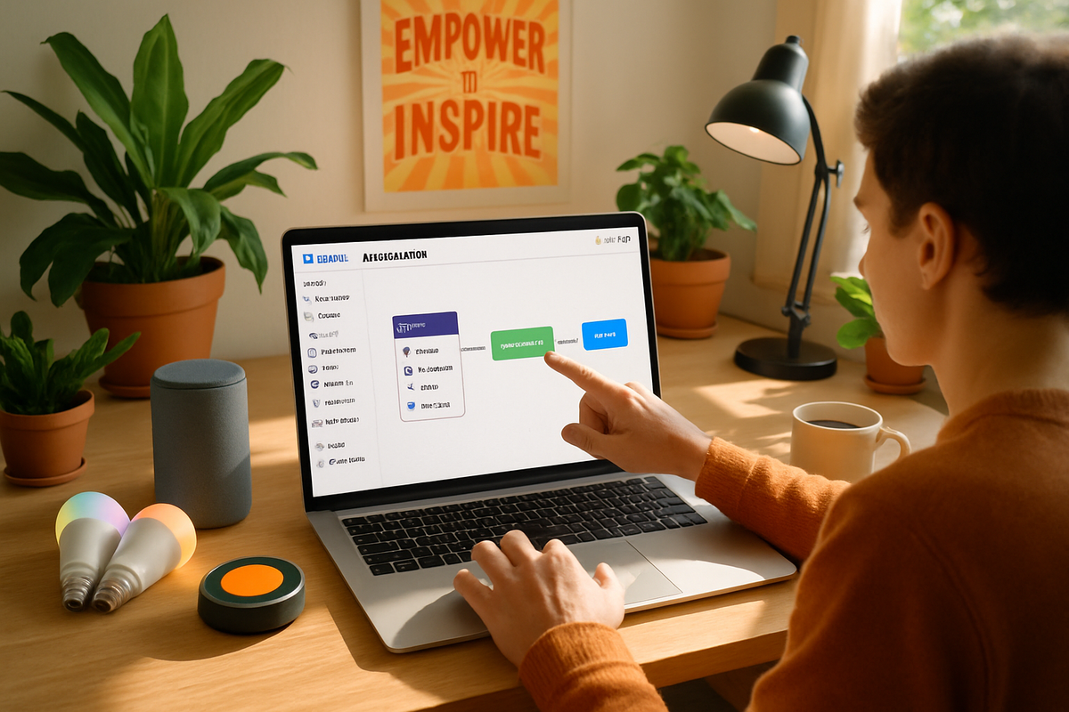 A person in an orange sweater is using a laptop at a wooden desk surrounded by plants, a coffee mug, and colorful smart lights.