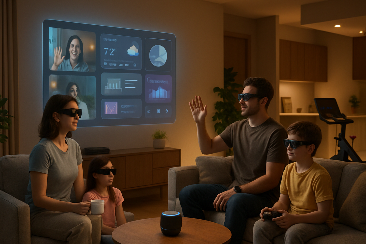 A family is interacting with a holographic display in a cozy living room, wearing glasses and engaging with digital content.