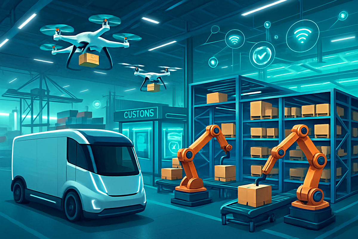 The image depicts a futuristic warehouse scene with drones delivering packages, robotic arms sorting boxes, and a delivery van in a high-tech environment.