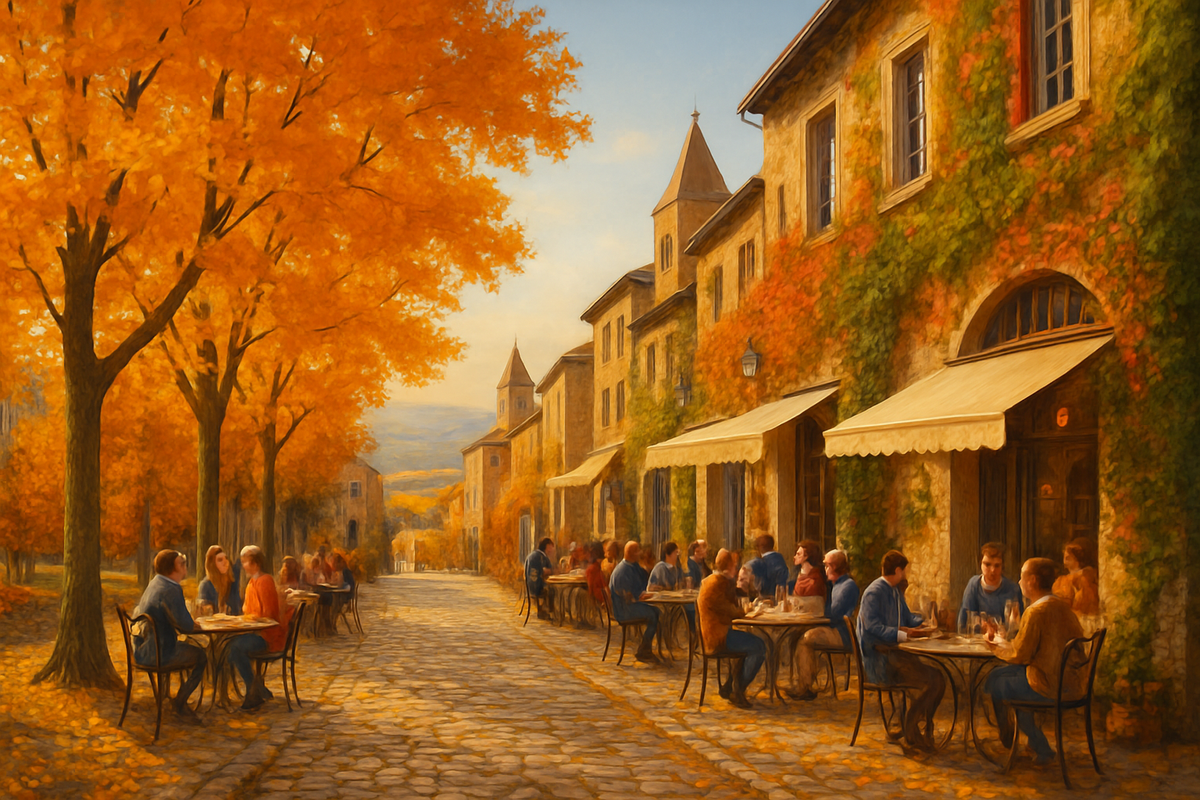 The image depicts a picturesque autumn street scene with people dining at outdoor tables surrounded by vibrant orange trees and charming stone buildings.