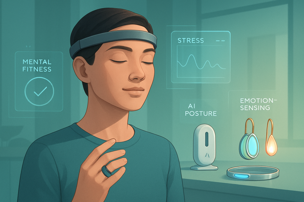 The image shows a person with a headband and a ring, surrounded by digital displays related to mental fitness, stress monitoring, AI posture, and emotion-sensing devices.