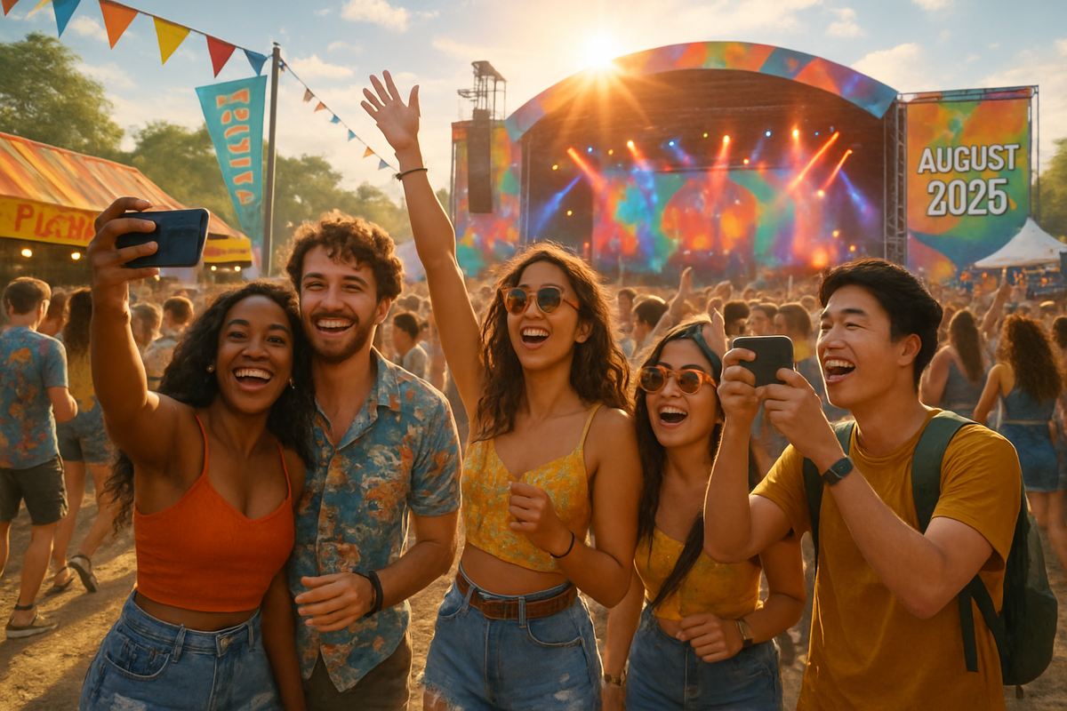 A group of five young friends joyfully taking a selfie at a vibrant outdoor music festival during sunset.
