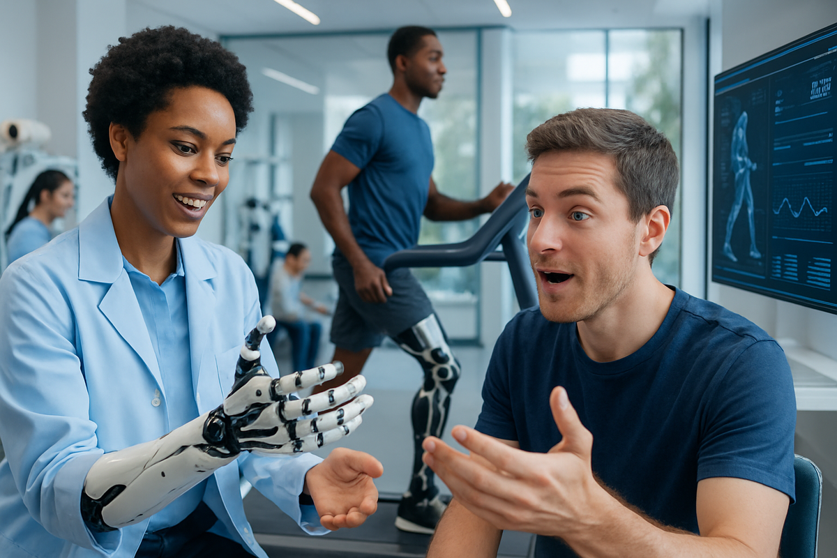 A woman with a prosthetic arm is excitedly interacting with a man in a fitness center, while another man jogs in the background.