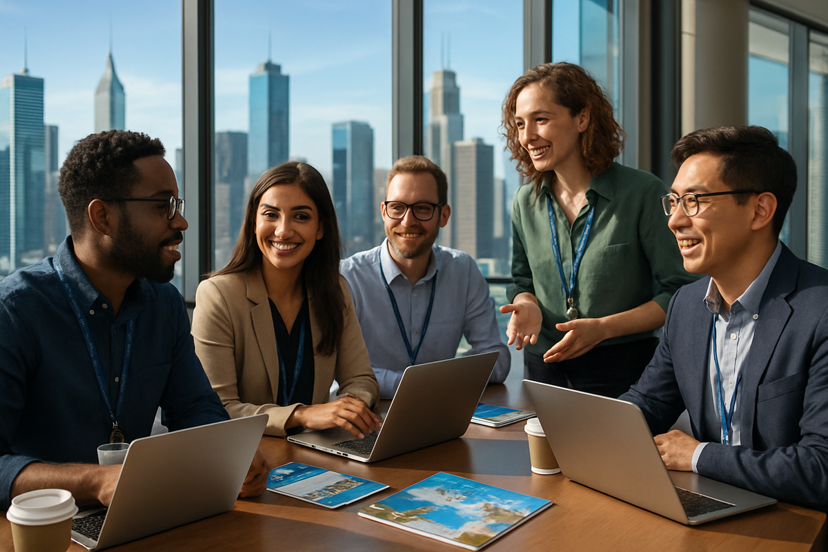 A group of five diverse professionals engage in a collaborative discussion around a conference table with laptops and city skyline in the background.
