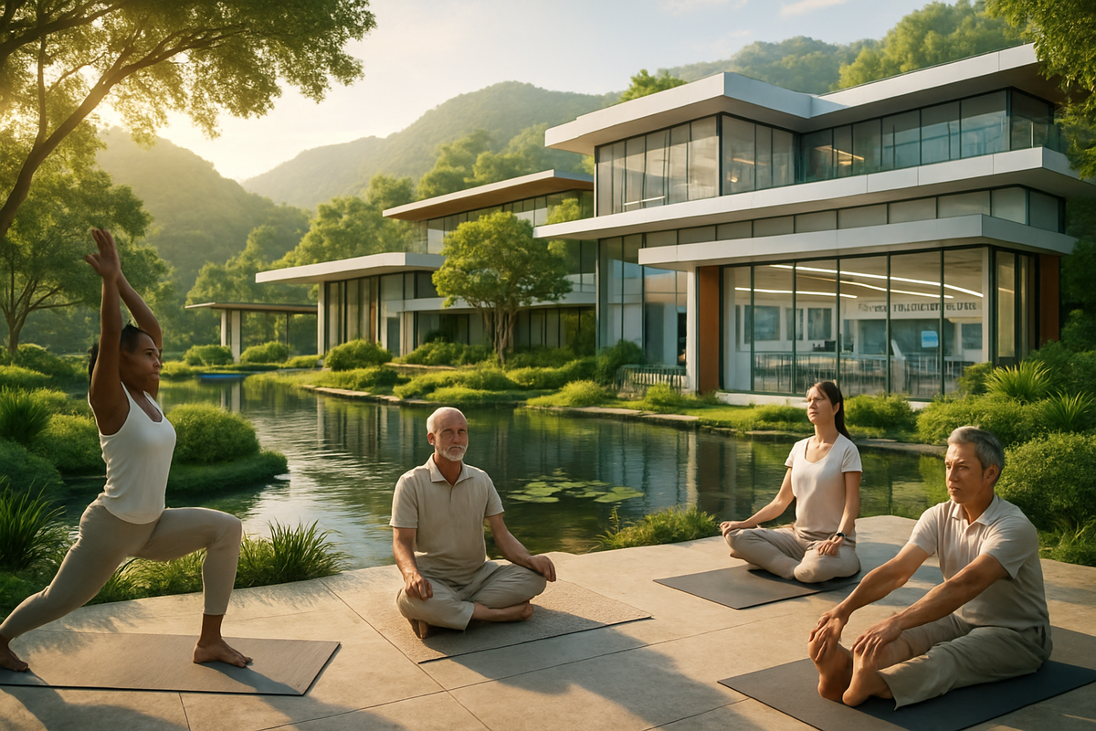 The image depicts a serene outdoor yoga session by a tranquil pond surrounded by lush greenery and modern buildings.