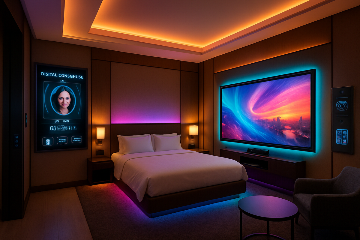 The image depicts a modern hotel room featuring a large bed, vibrant ambient lighting, a wall-mounted TV, and a digital concierge display.