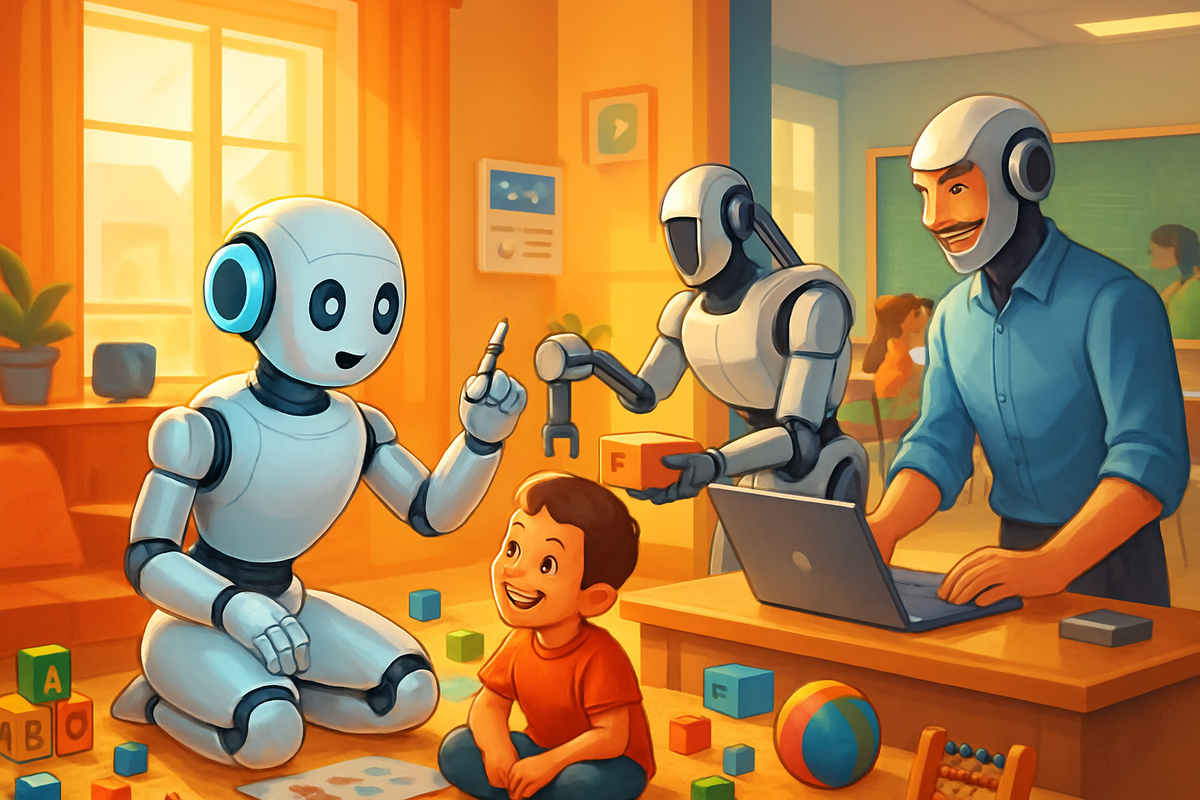 A child is engaged with a friendly robot while an adult smiles and works on a laptop in a colorful, vibrant learning environment.