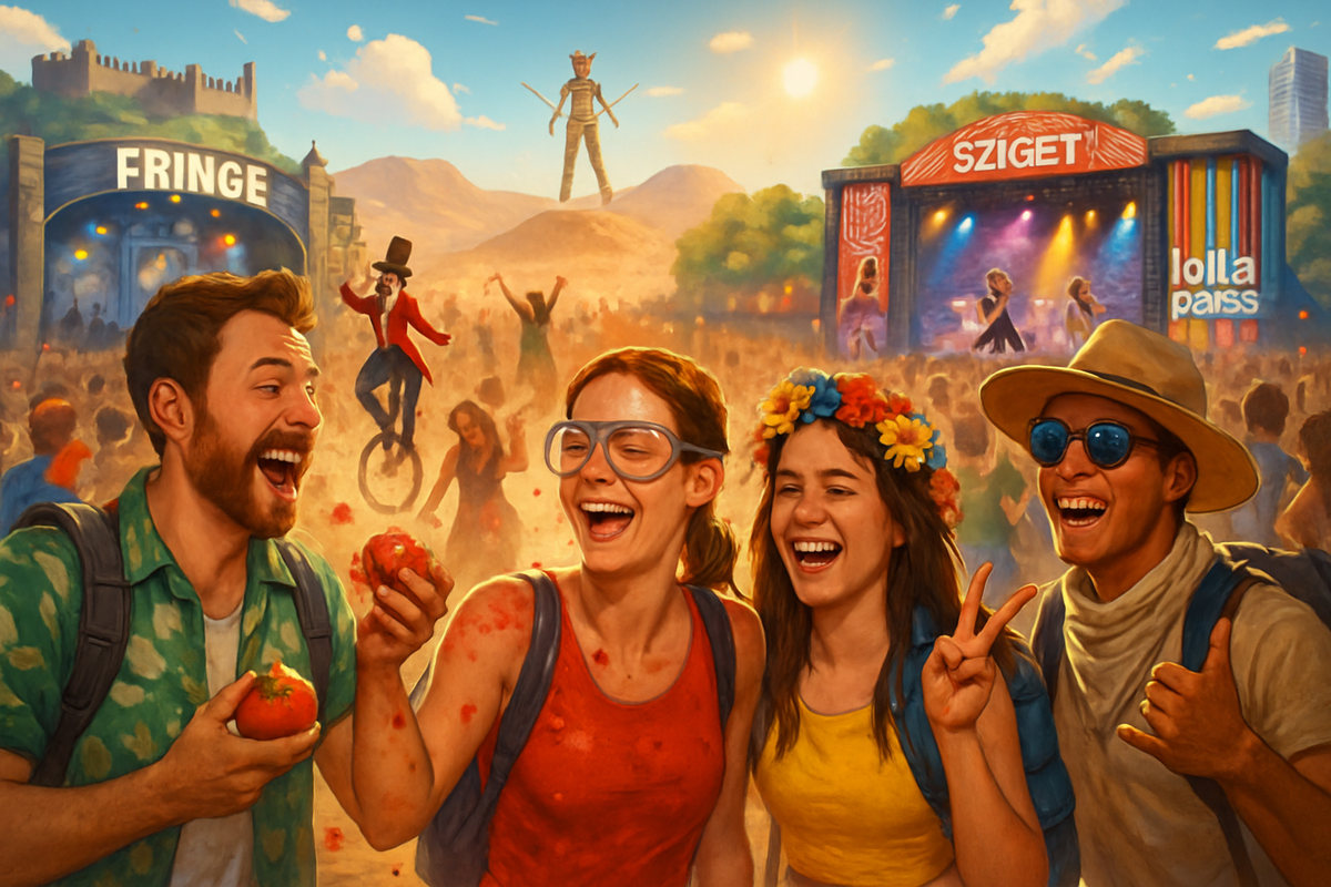 A lively group of friends enjoys a festival atmosphere filled with colorful performances, laughter, and playful interactions.